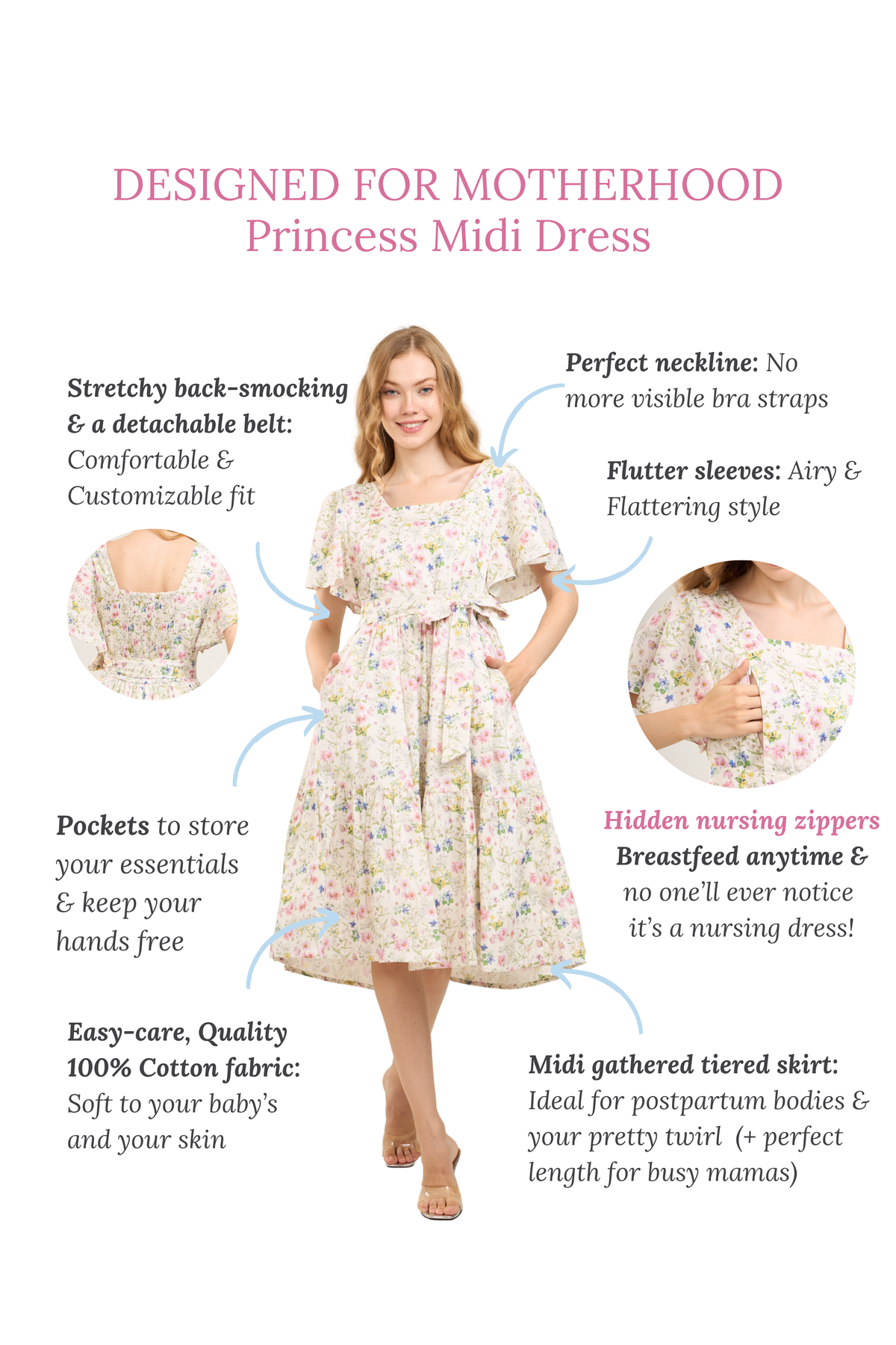 Princess Cotton Midi Dress with Nursing Zippers in Sweet Wildflowers