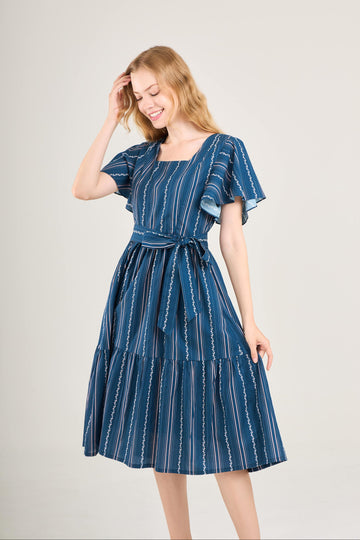 Princess Cotton Midi Dress with Nursing Zippers in Navy Vine Stripe