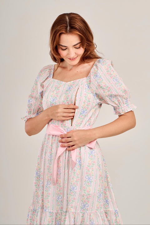 Ann Midi Dress with Nursing Zippers in Bowtanical Rose Garden