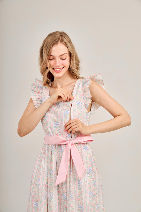 Angela Maxi Dress with Nursing Zippers in Bowtanical Rose Garden