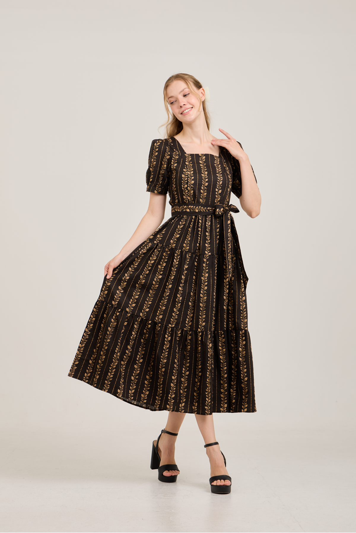 Versa Dress with Nursing Zippers in Brown Leaf Vine