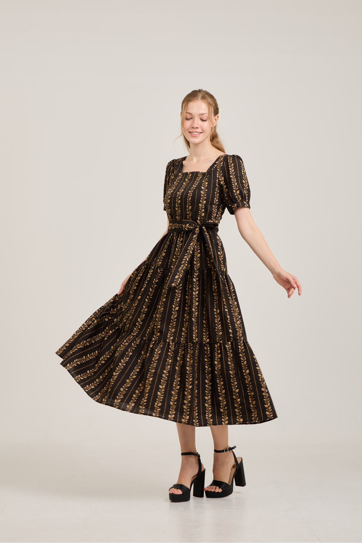 Versa Dress with Nursing Zippers in Brown Leaf Vine