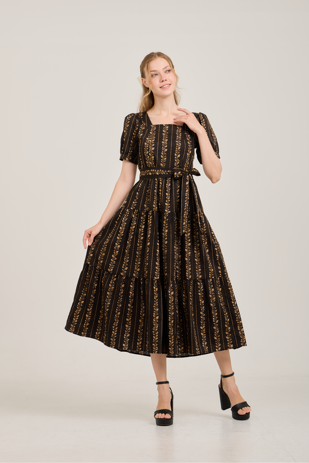 Versa Dress with Nursing Zippers in Brown Leaf Vine