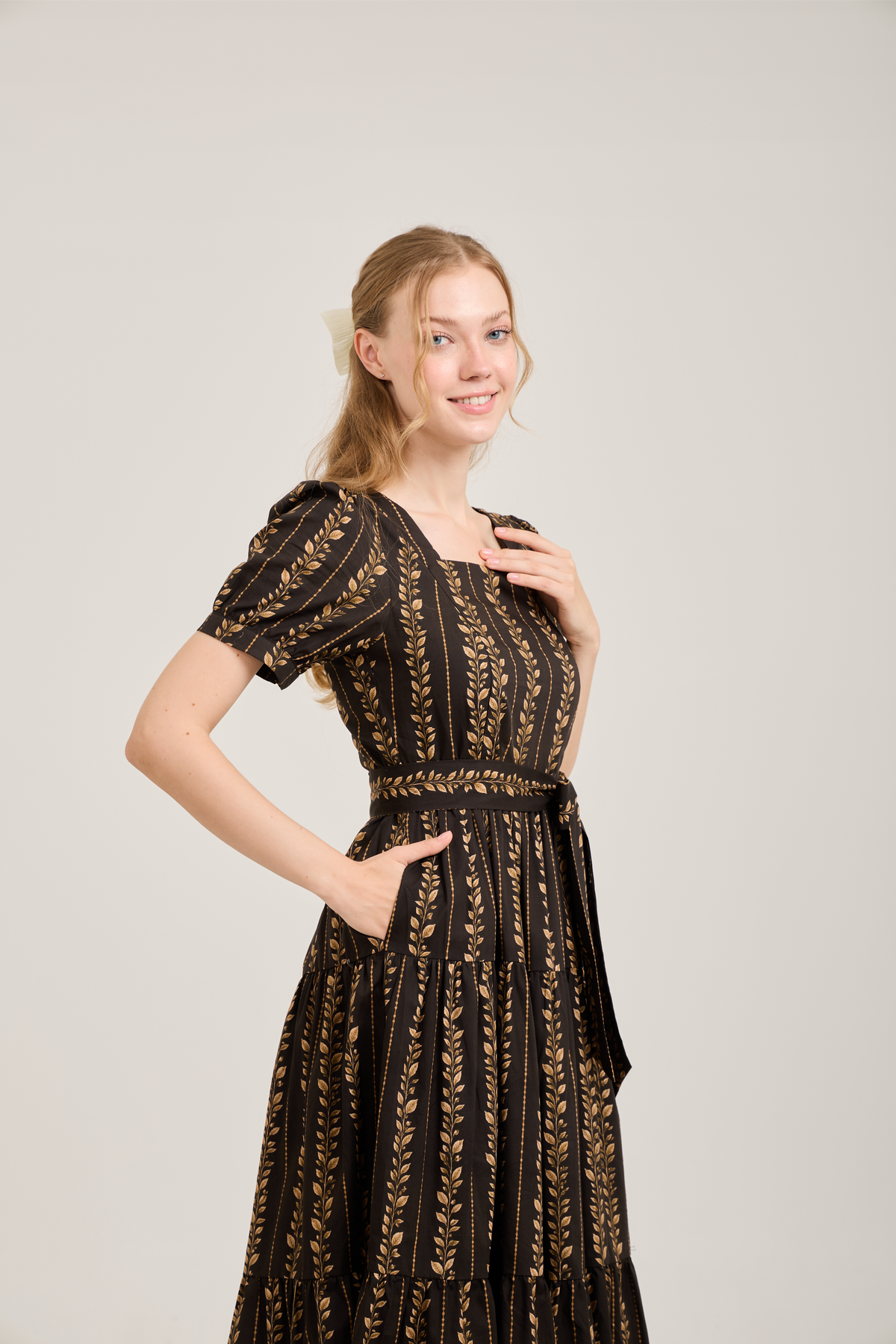 Versa Dress with Nursing Zippers in Brown Leaf Vine