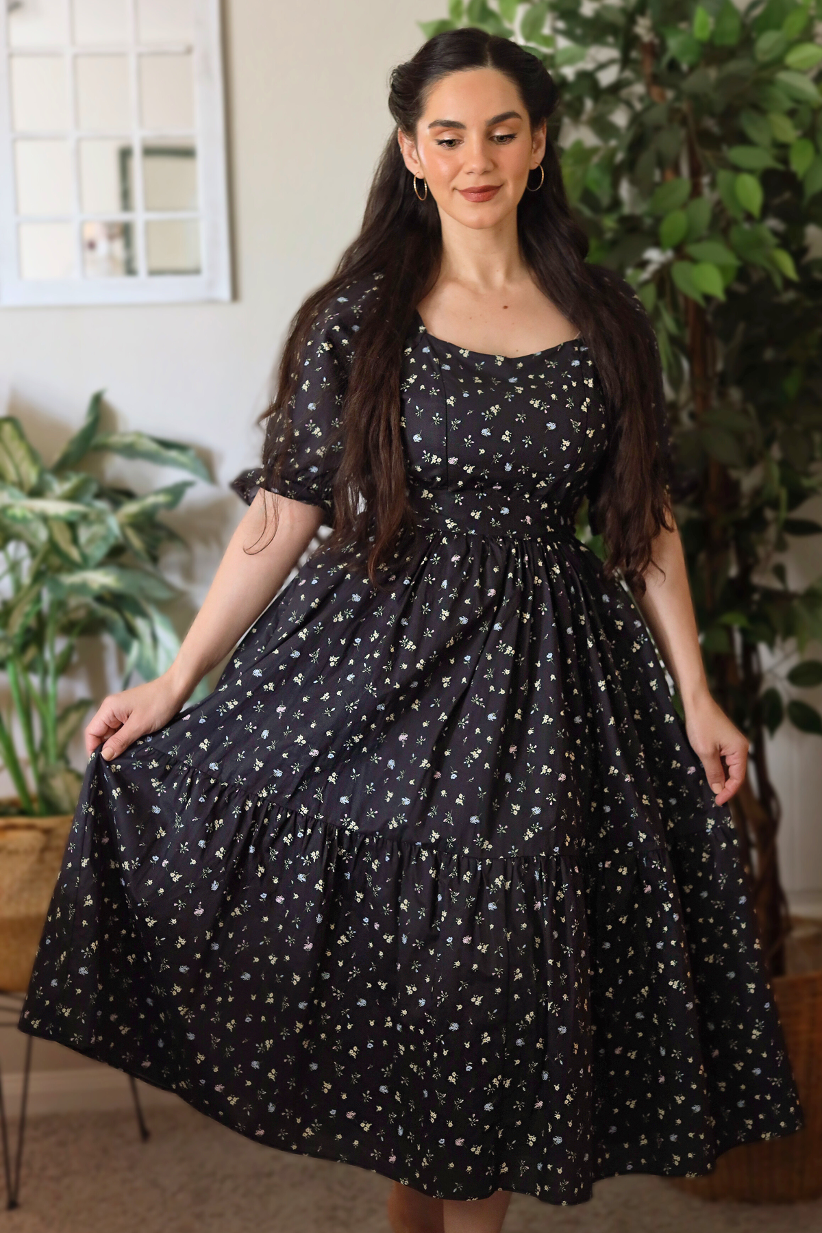 Ann Midi Dress with Nursing Zippers in Black Floral