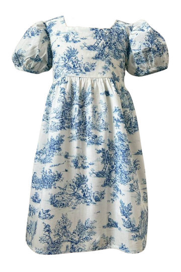 Little Darling Puff Sleeve Dress for Girls in Vintage Blue Toile
