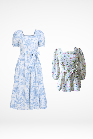 Versa Dress in Vintage Blue Toile + Embrace Top in Sweet Wildflowers
