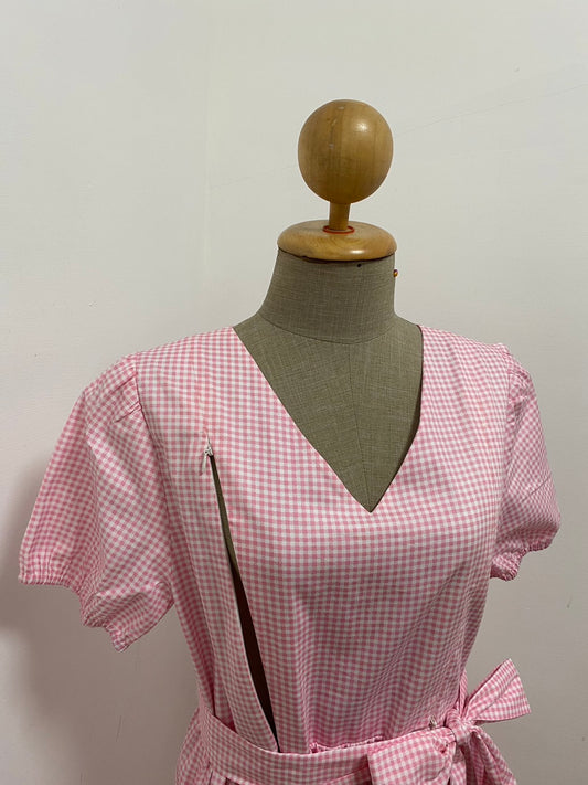 A15: Sample Charming Dress with Nursing Zippers in Pink Gingham, Relaxed Fit, Subtle Puff Sleeves, Midi length, Size S