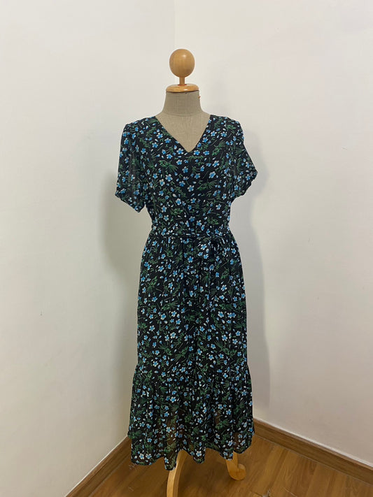 A26: Sample Charming Chiffon Dress with Nursing Zippers, Relaxed Fit, Subtle Puff Sleeves, Midi length, Size S