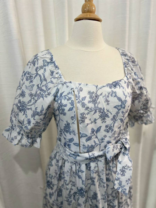 D29: Ann Midi Dress with Nursing Zippers in Blue Toile Butterfly, Size M (Slightly Imperfect Product)