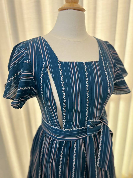 *Sample* Princess Cotton Midi Dress with Nursing Zippers in Navy Vine Stripe