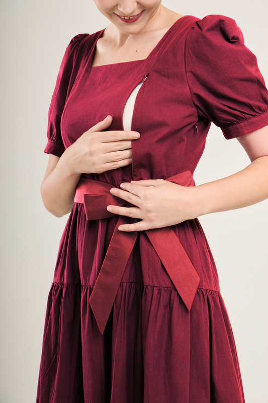 Versa Cotton Dress with Nursing Zippers in Red Burgundy