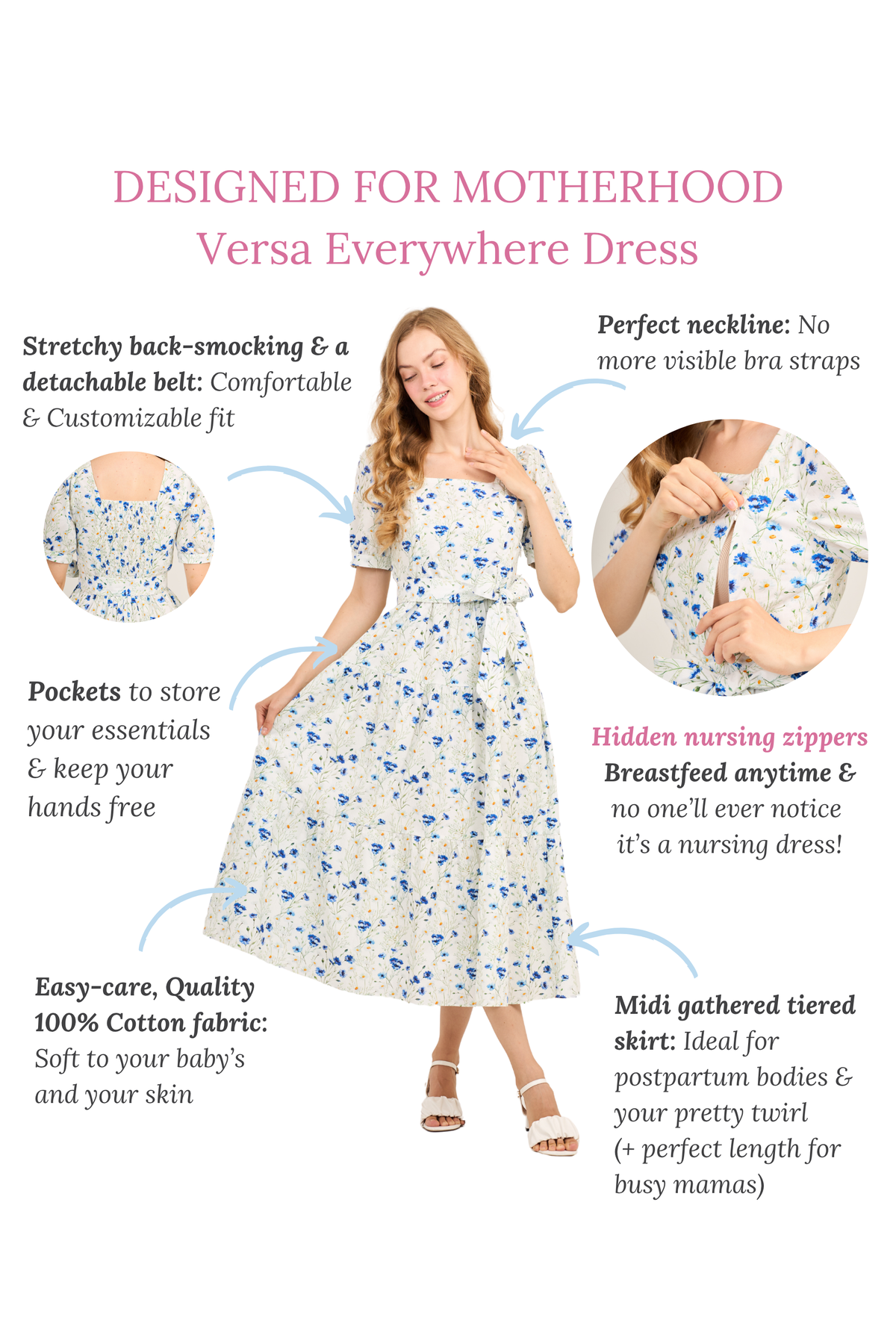 Versa Cotton Dress with Nursing Zippers in Blue Cornflowers