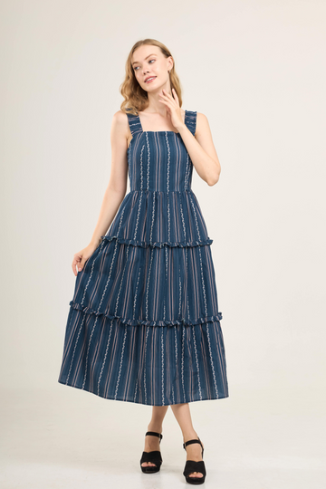 Kanya Dress with Nursing Zippers in Navy Vine Stripe