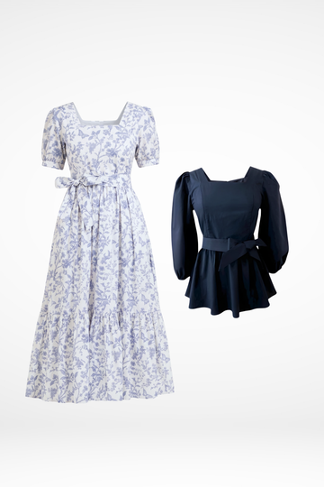 Versa Maxi Dress in Blue Toile Butterfly + Embrace Top in in Black