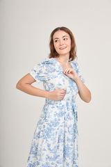 Versa Cotton Dress with Nursing Zippers in Vintage Blue Toile