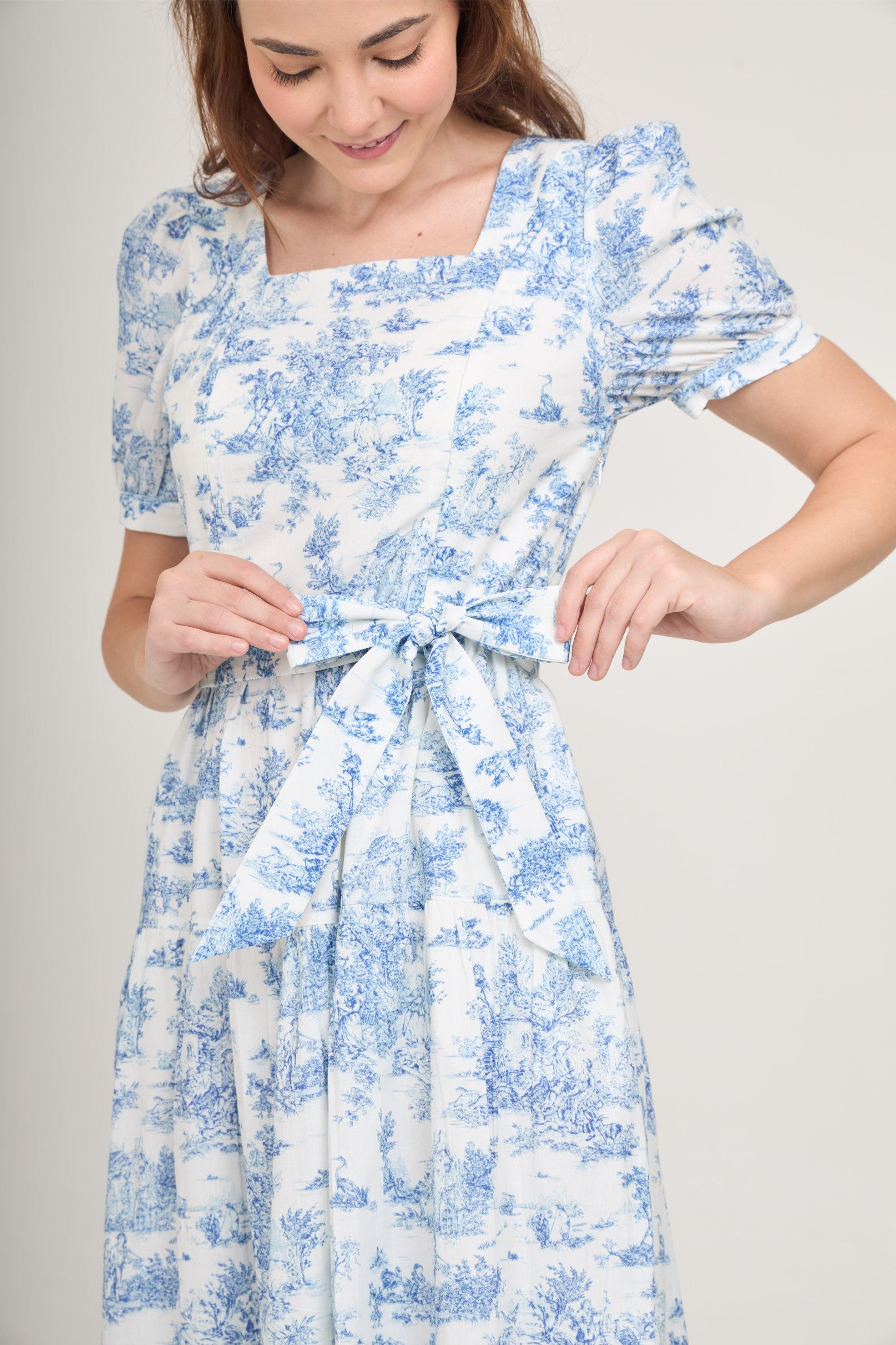 vintage cotton dress Versa with Nursing Zippers in Blue Toile M (US6/8) OB 14/US 10 An allover vegetable print Xpluswear Design Plus Size Colors:Blush