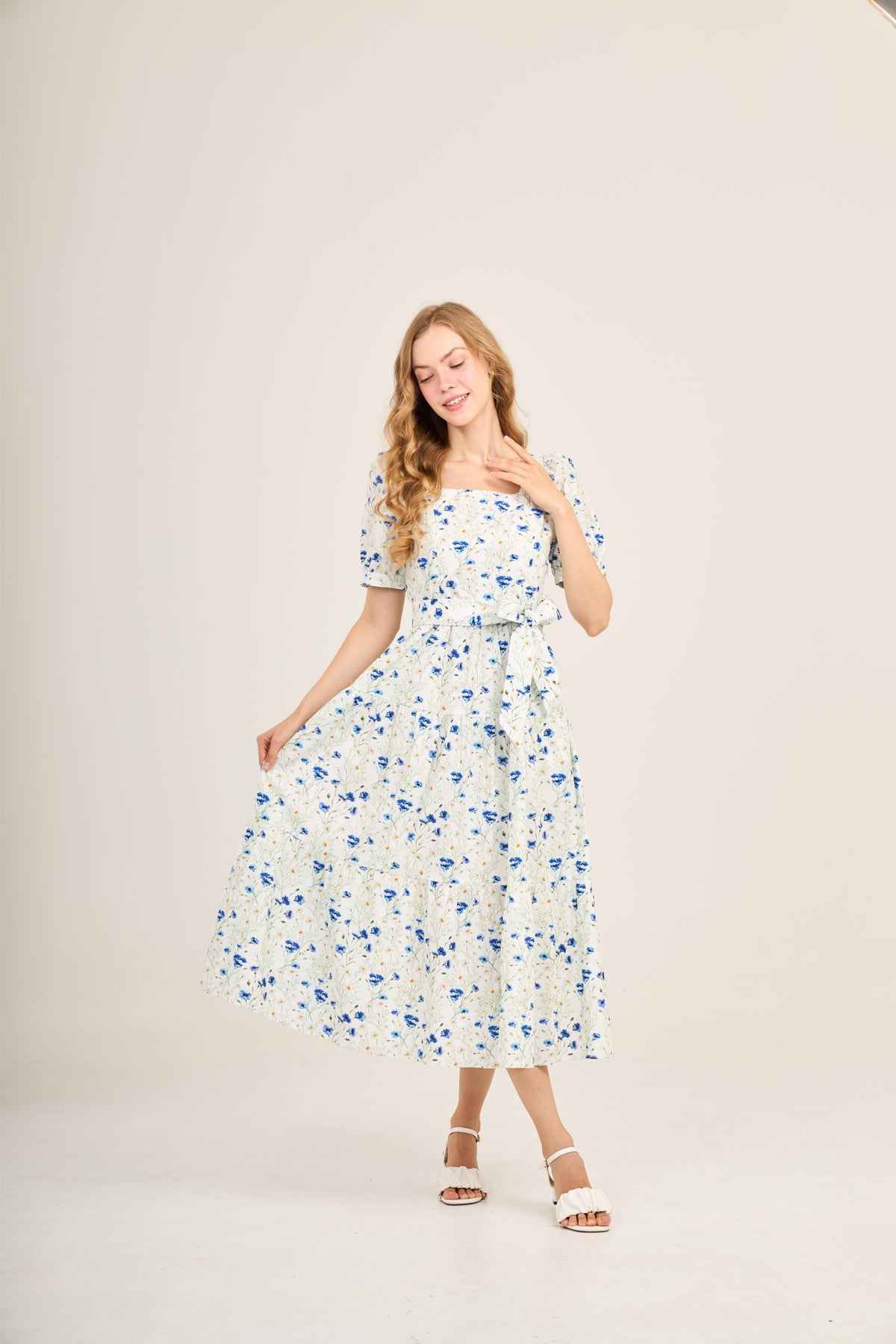Versa Cotton Dress with Nursing Zippers in Blue Cornflowers