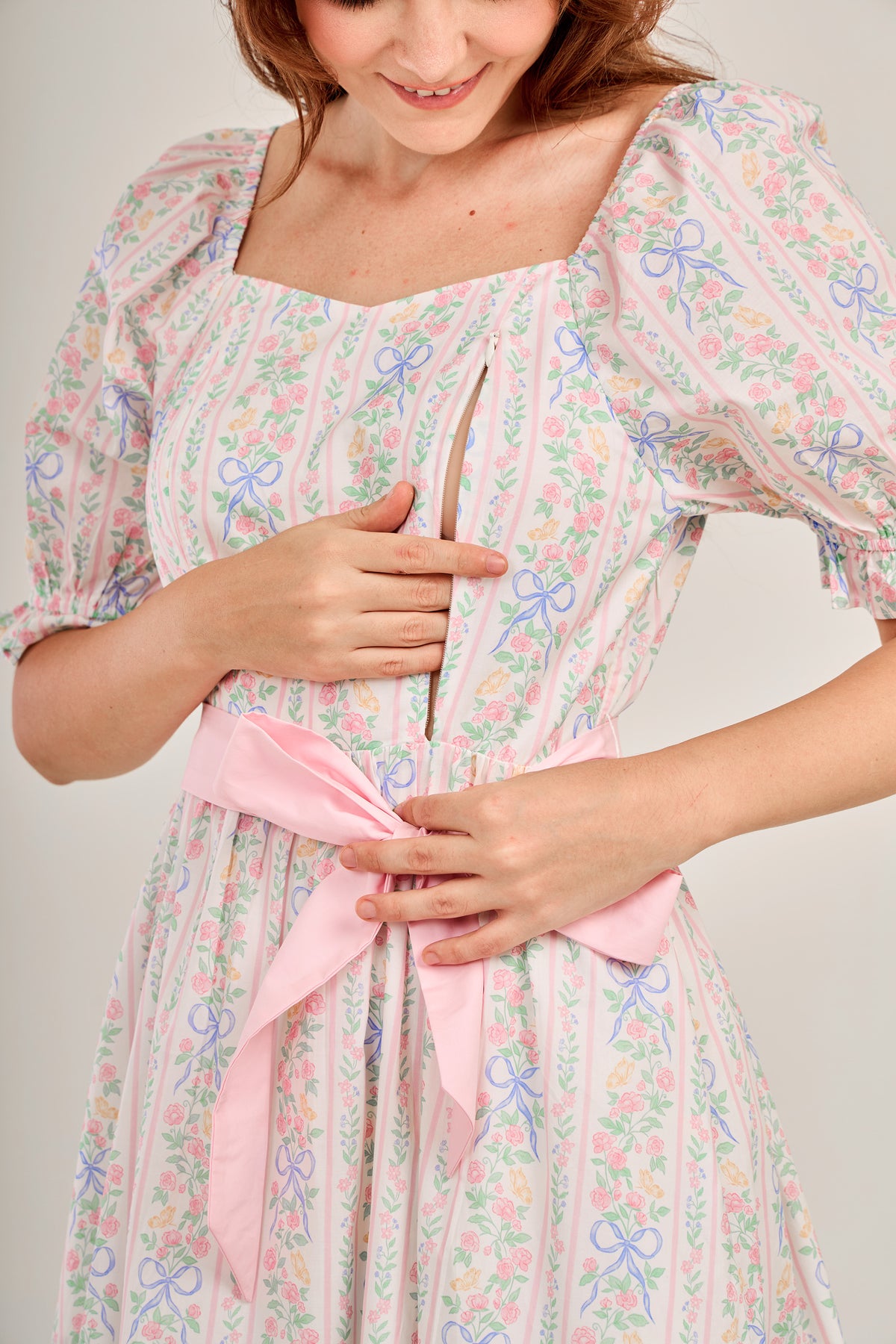 Ann Midi Dress with Nursing Zippers in Bowtanical Rose Garden