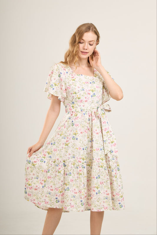 Princess Cotton Midi Dress with Nursing Zippers in Sweet Wildflowers