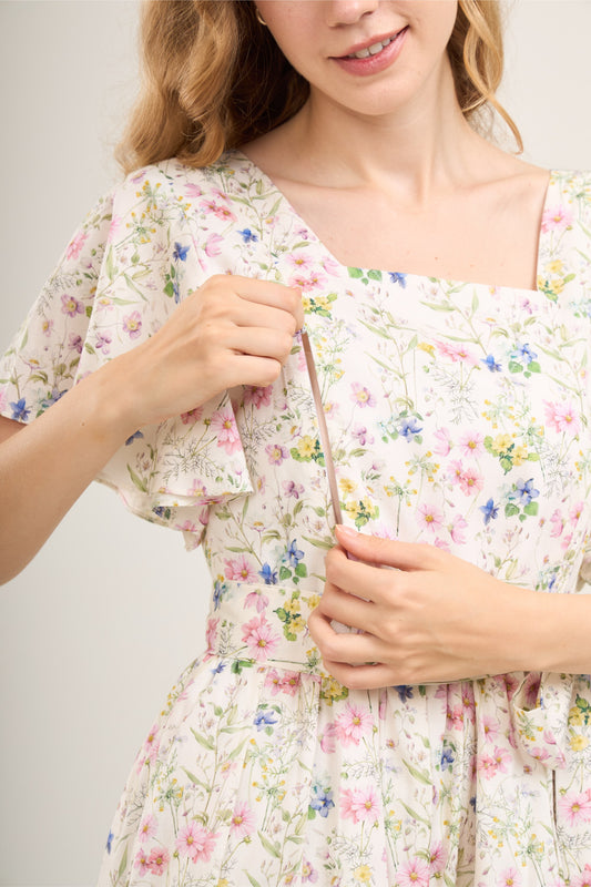 Princess Cotton Midi Dress with Nursing Zippers in Sweet Wildflowers