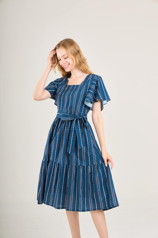 Princess Cotton Midi Dress with Nursing Zippers in Navy Vine Stripe
