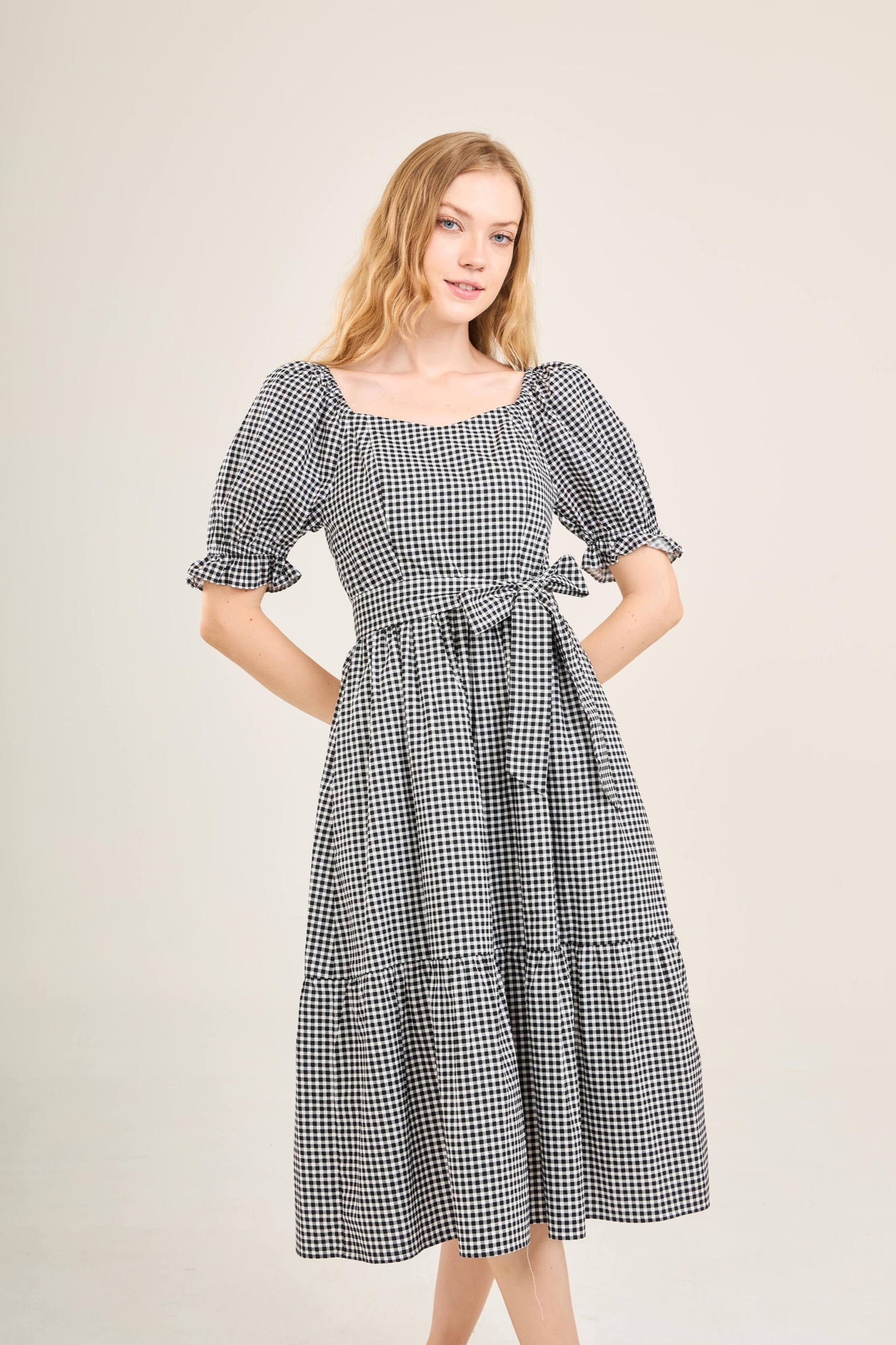 Ann Midi Dress with Nursing Zippers in Black Gingham