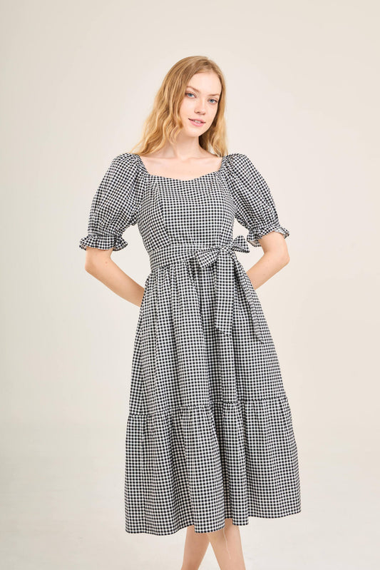 Ann Midi Dress with Nursing Zippers in Black Gingham