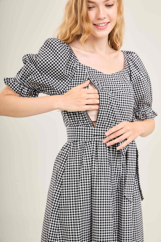 Ann Midi Dress with Nursing Zippers in Black Gingham
