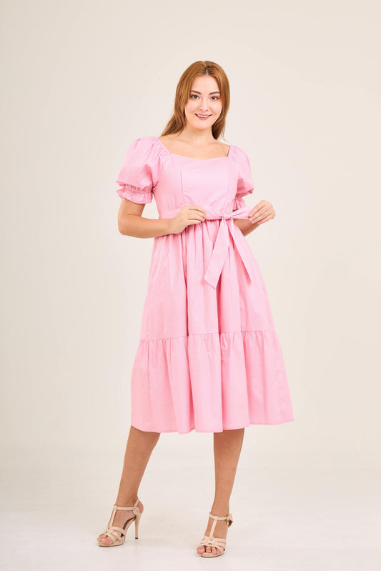 Ann Midi Dress with Nursing Zippers in Pink Polka dot