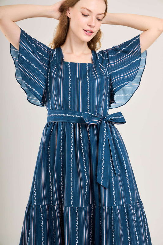 Princess Cotton Midi Dress with Nursing Zippers in Navy Vine Stripe