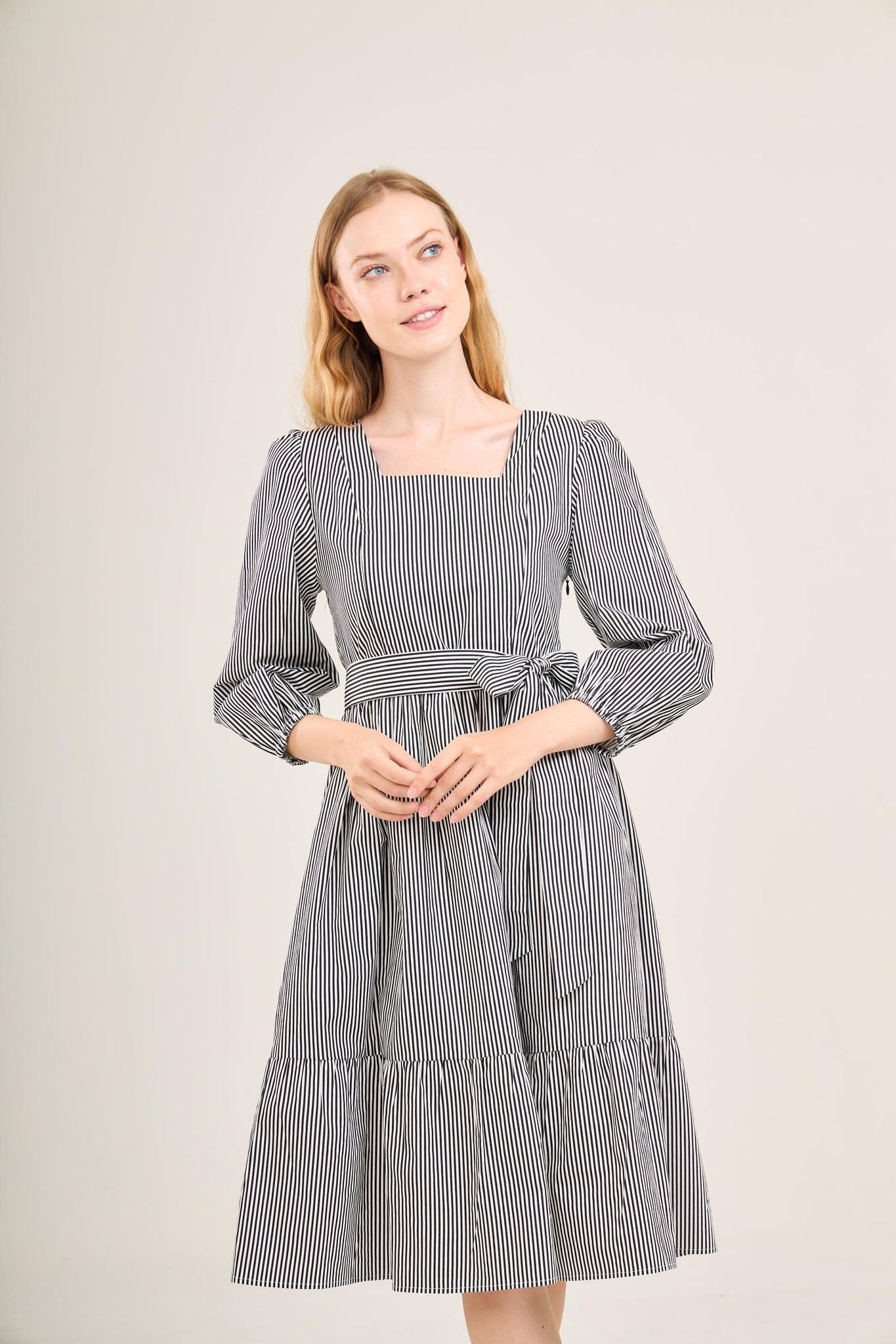 Embrace Long Sleeve Midi Dress with Nursing Zippers in Black Stripe