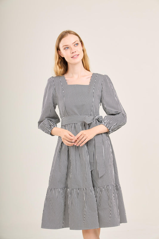 Embrace Long Sleeve Midi Dress with Nursing Zippers in Black Stripe