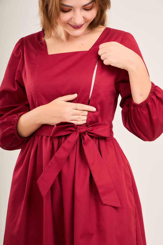 Embrace Long Sleeve Maxi Dress with Nursing Zippers in Burgundy