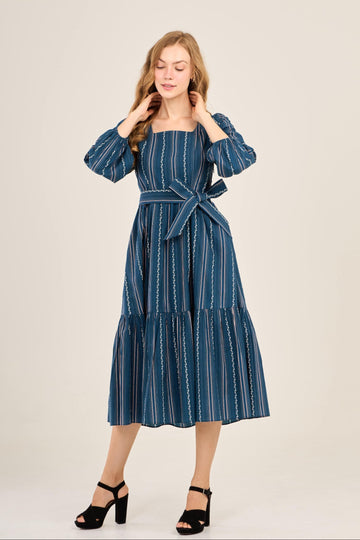 Embrace Dress with Nursing Zippers in Navy Vine Stripe