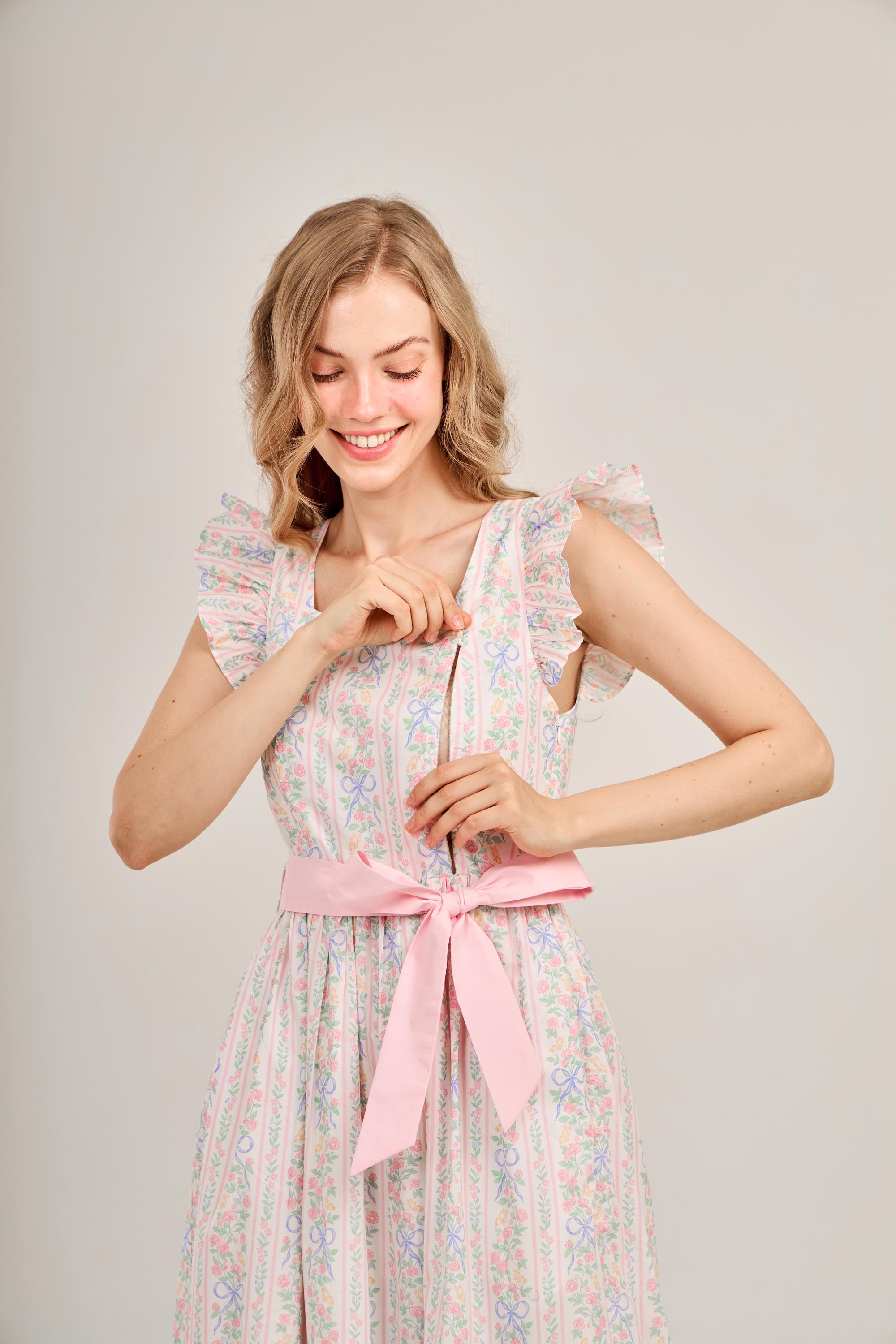 Angela Maxi Dress with Nursing Zippers in Bowtanical Rose Garden