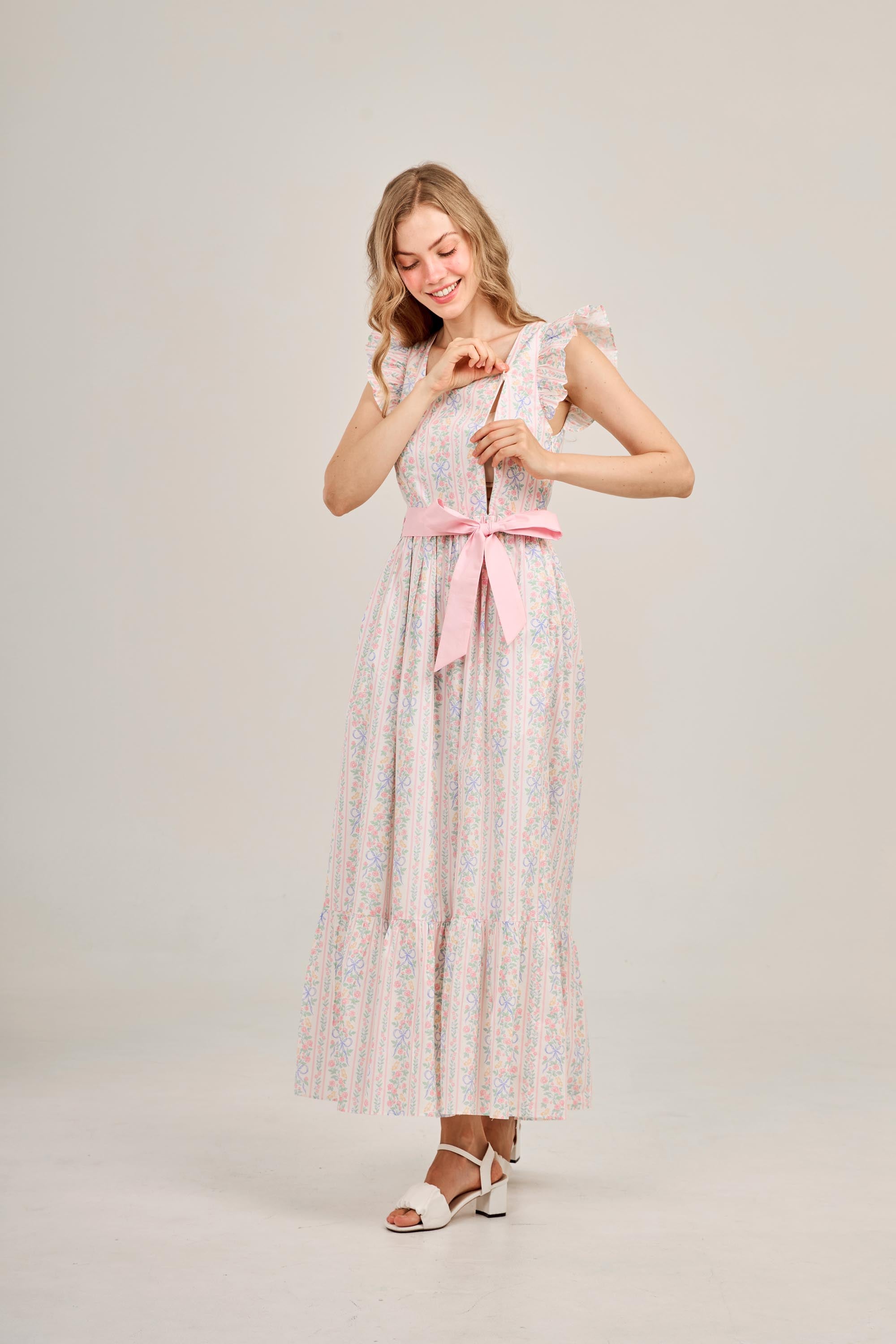 Angela Maxi Dress with Nursing Zippers in Bowtanical Rose Garden