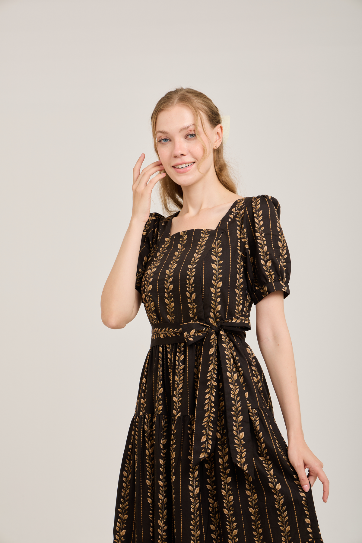 Versa Dress with Nursing Zippers in Brown Leaf Vine