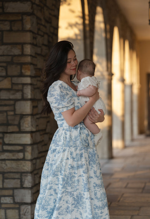 Versa Cotton Dress with Nursing Zippers in Vintage Blue Toile