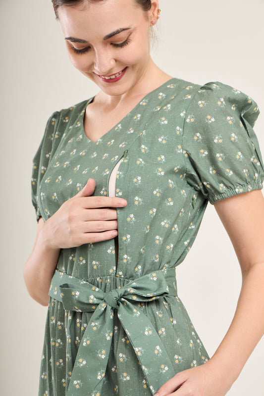 Charming Cotton Dress with Nursing Zippers in Green Floral