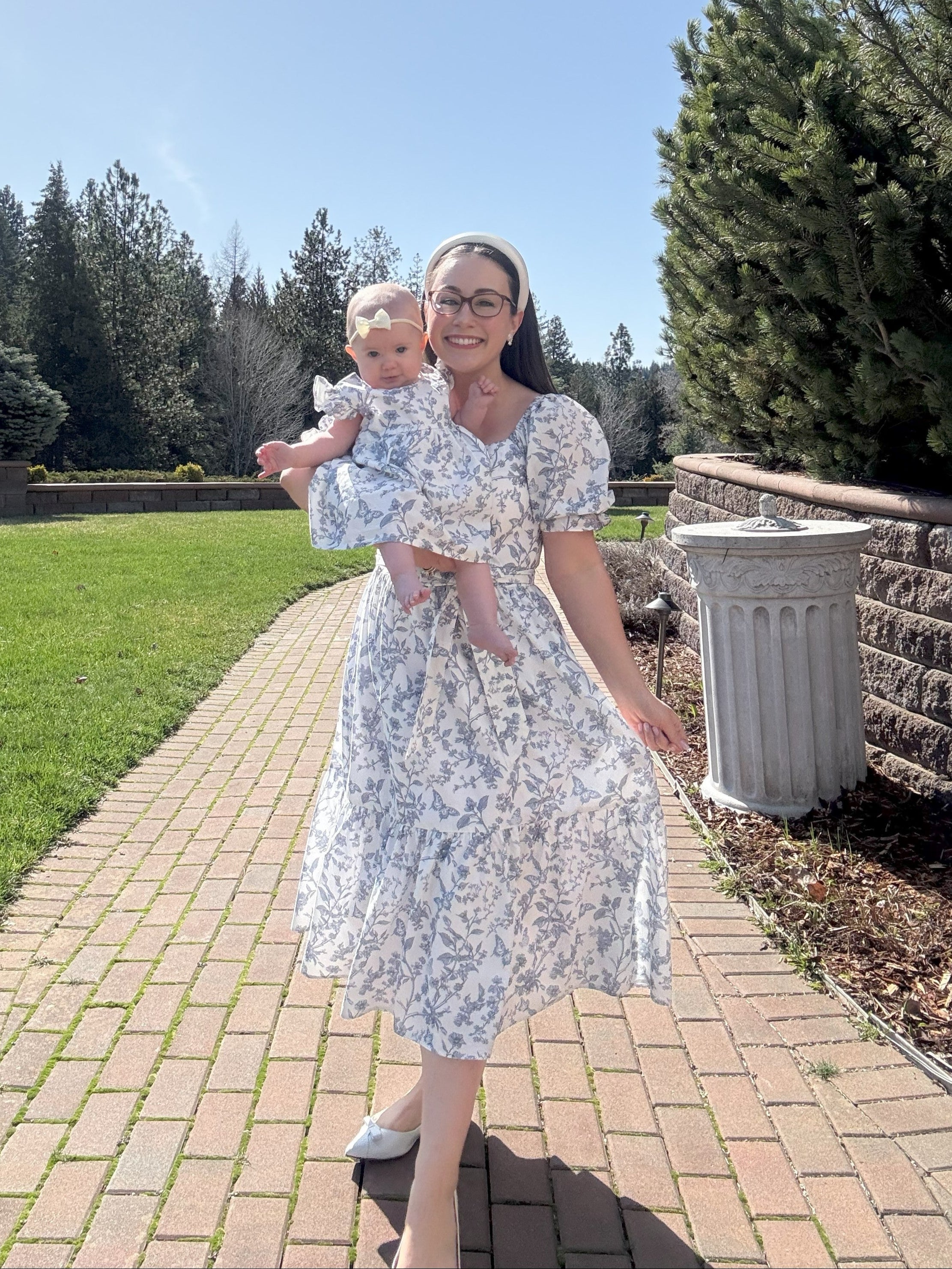 midi dress for mom Ann Midi Dress with Nursing Zippers in Blue Toile Butterfly L (US10/12)
