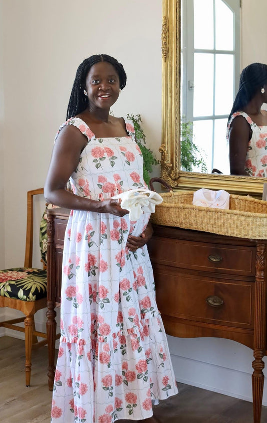 Kanya Maxi Dress with nursing zippers in Pink Hydrangeas (Ready-To-Ship)