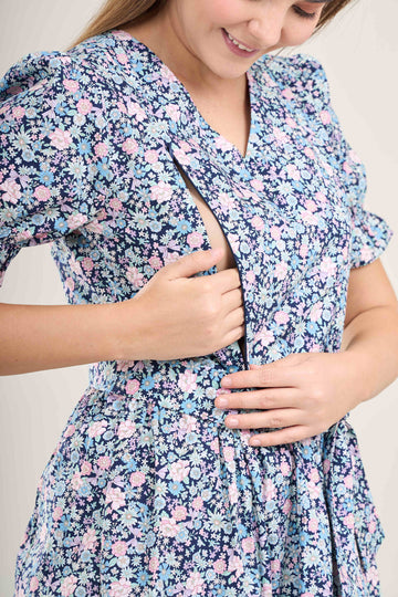 "Mome Lite" All Day Midi Dress with Nursing in Bow Floral Black (Final Sale)