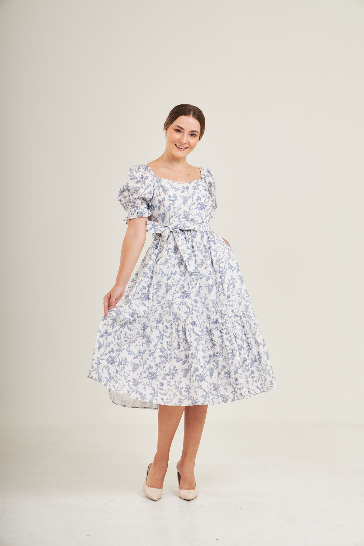 Ann Midi Dress with Nursing Zippers in Blue Toile Butterfly