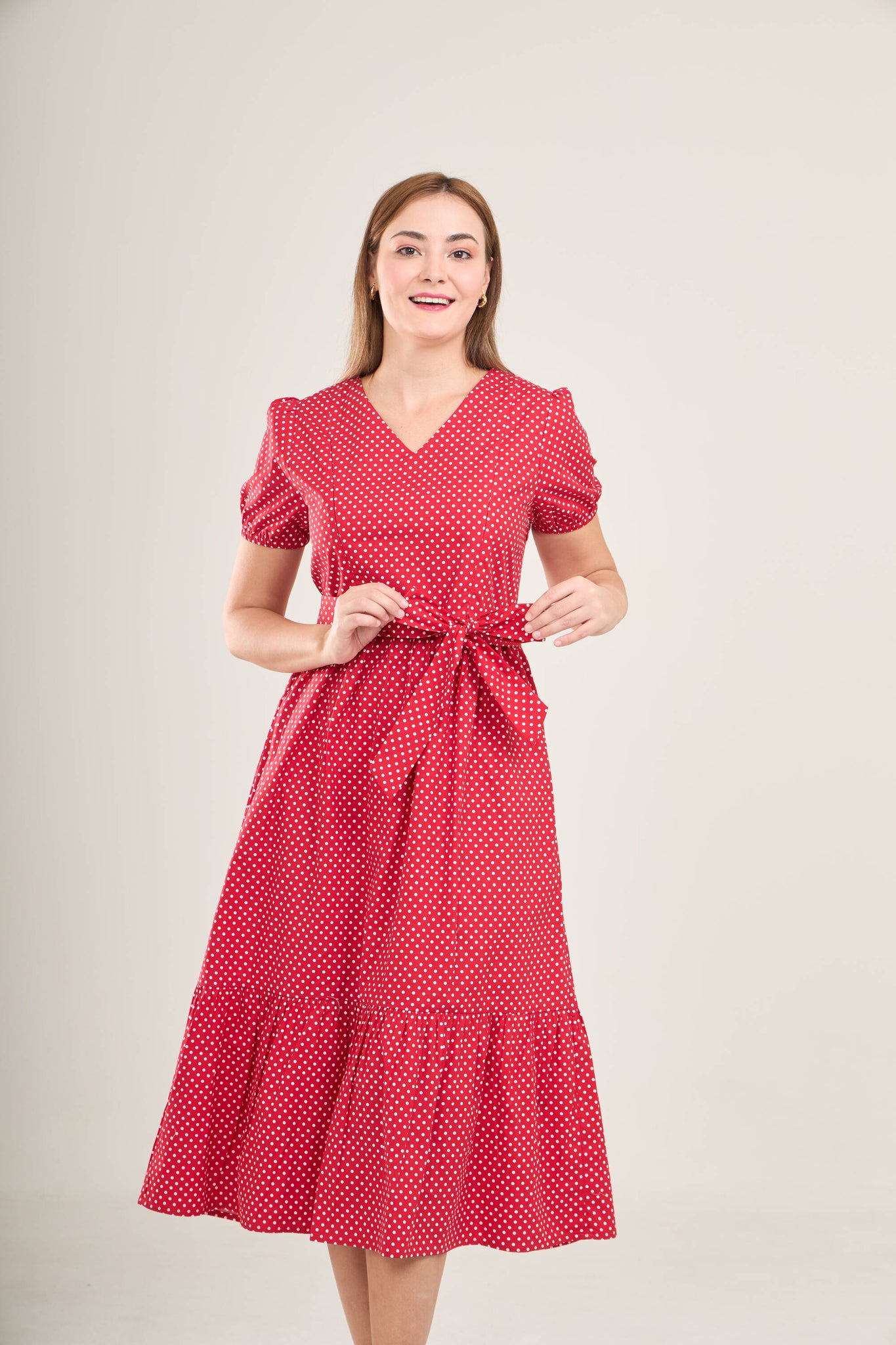 "Mome Lite" Charming Cotton Dress with Nursing Zippers in Red Polka Dot (Final Sale)