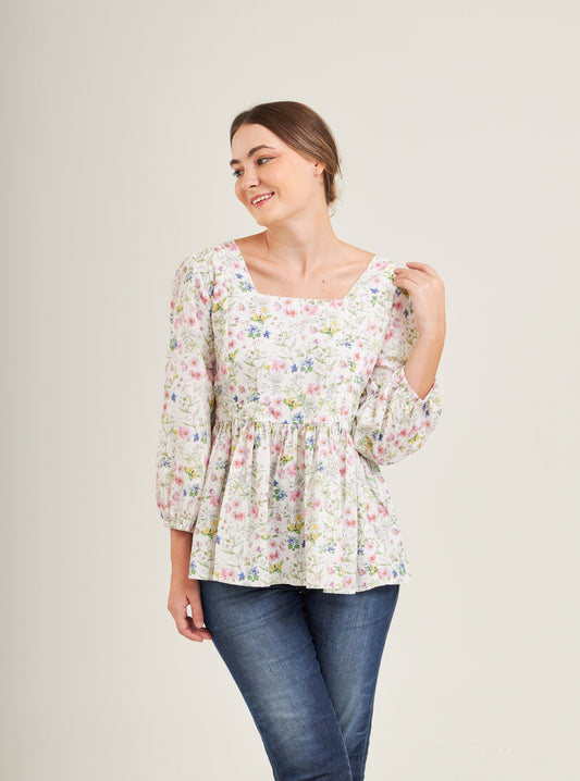 Embrace Cotton Linen Top with Nursing Zippers in Sweet Wildflowers