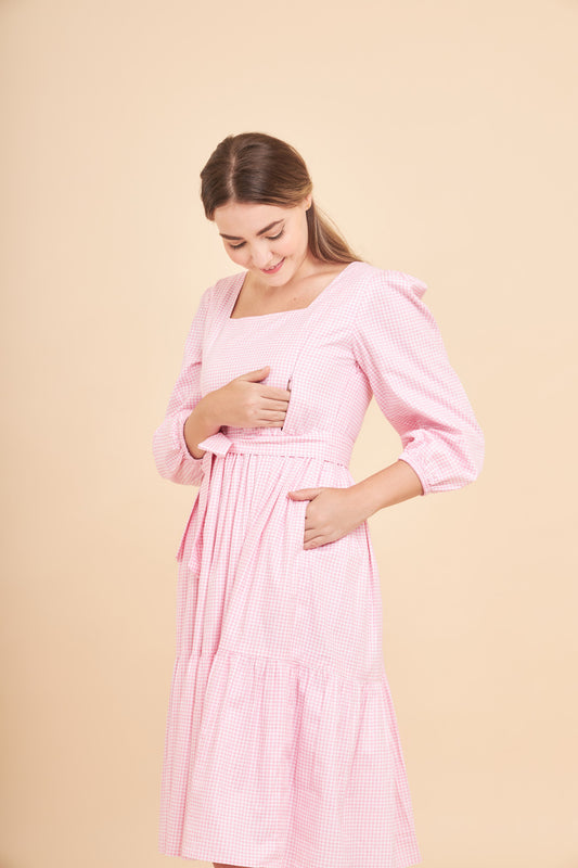 Muay Midi Dress (V.2.0) with Nursing Zippers in Pink Gingham