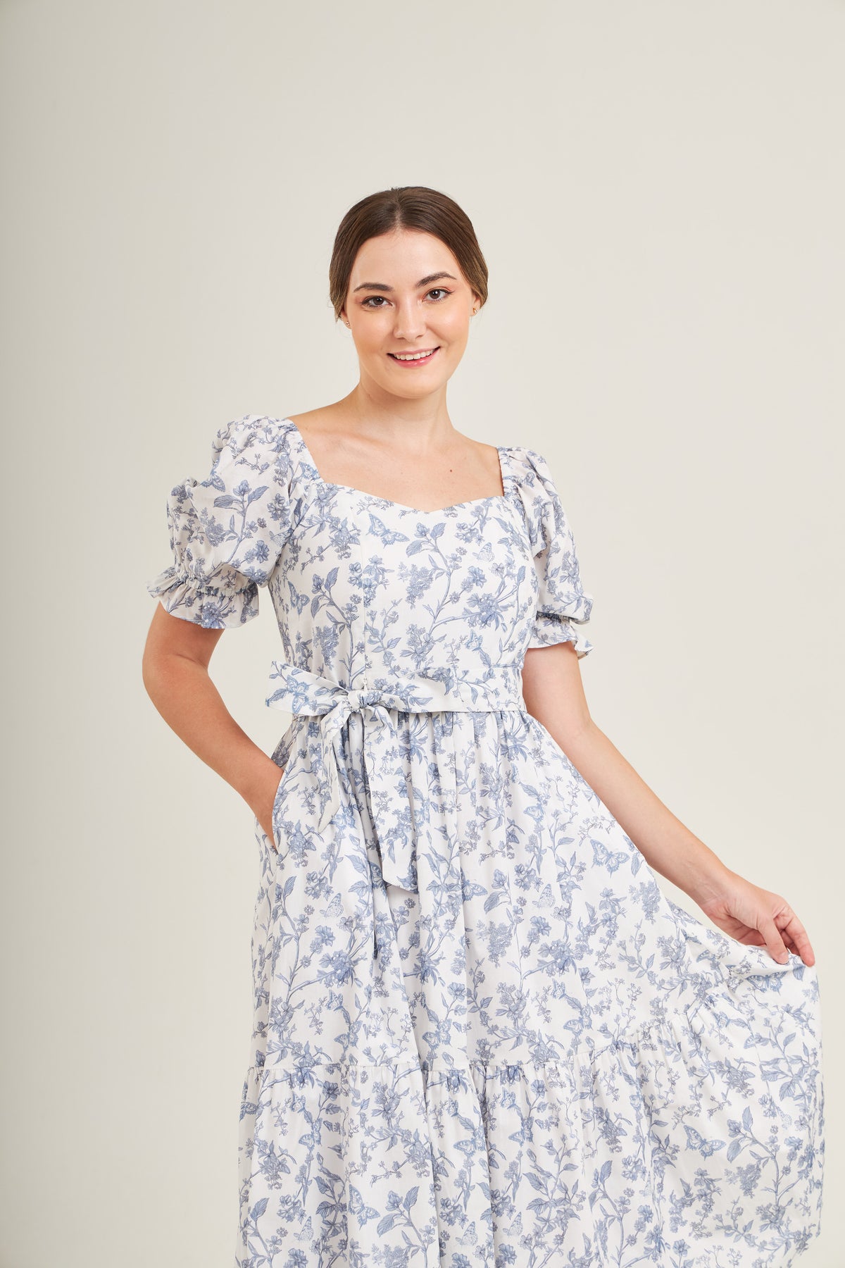 Ann Midi Dress with Nursing Zippers in Blue Toile Butterfly