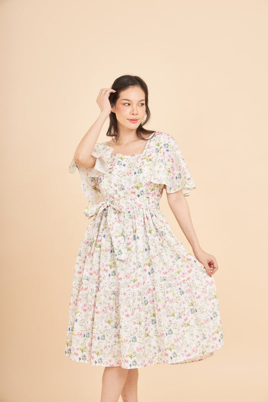 Princess Cotton Linen Midi Dress with Nursing Zippers in Sweet Wildflowers