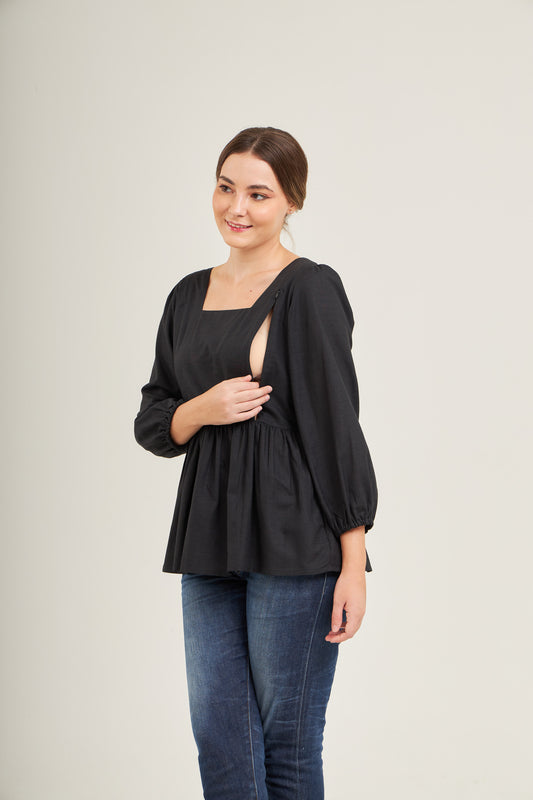 Embrace Cotton Linen Top with Nursing Zippers in Black